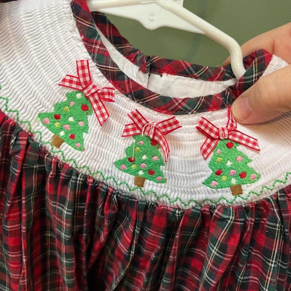 Trish‎ Scully Child Girls Plaid Christmas Tree Smocked Dress Size 3